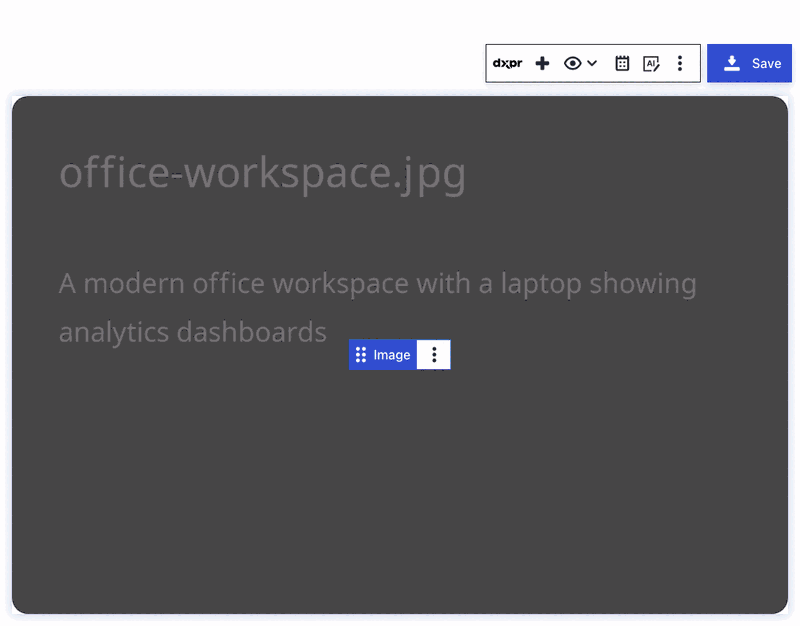 AI image generation in DXPR Builder: a placeholder image is replaced with an AI-generated photo via the Edit with AI dialog