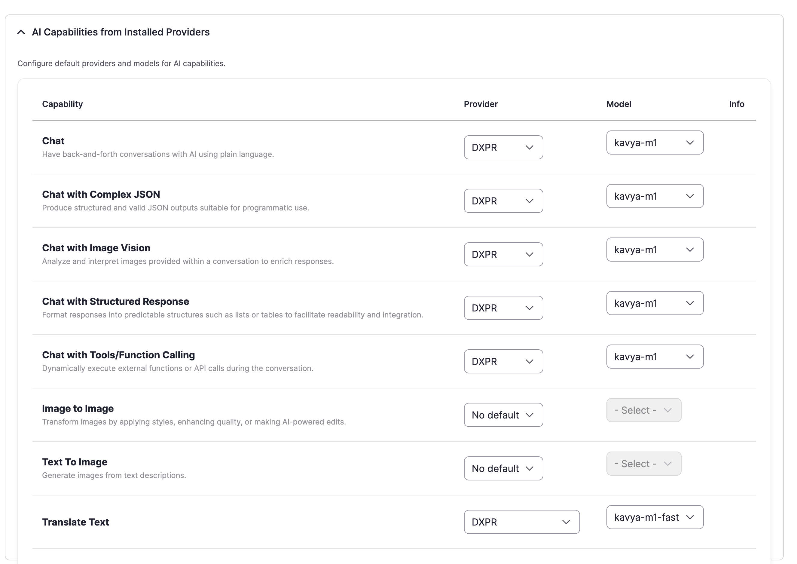 AI module default provider settings showing DXPR selected for Translate Text